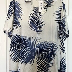 Navy Blue Palm Leaf Casual Button Down Shirt